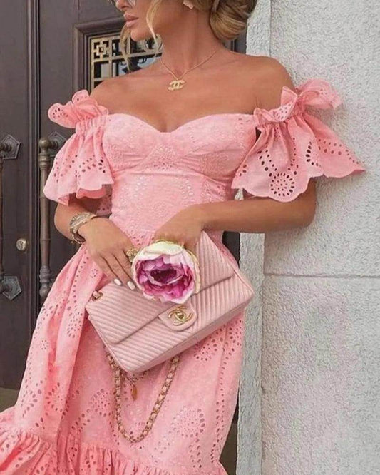 Off Shoulder V-Neck Midi Dress Sexy Dot Splice Elegant - P12 Hub Europe