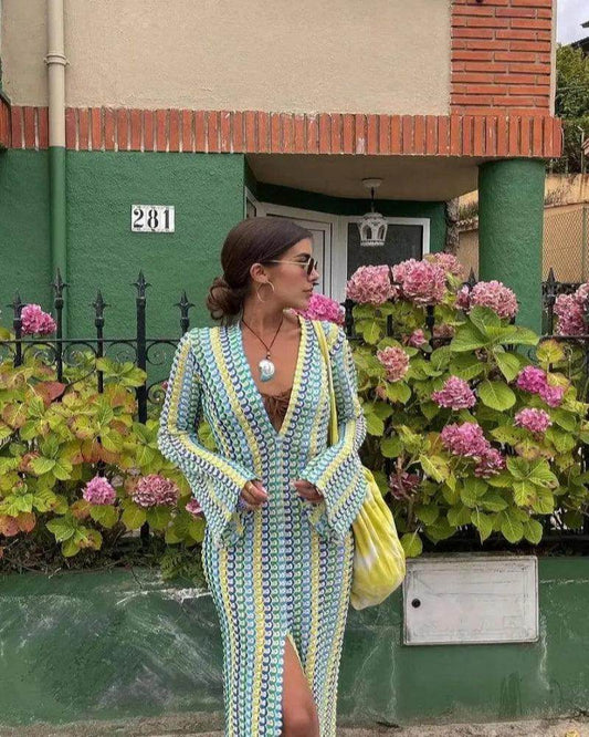 Crochet Stripe Maxi Dress Flare Sleeve V-Neck - P12 Hub Europe