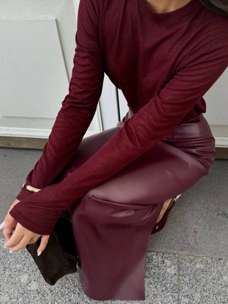 Women's Burgundy PU Slit Skirt - P12 Hub Europe