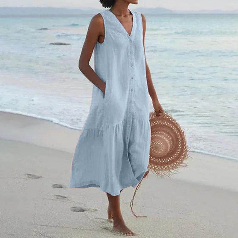 Loose Patchwork Cotton Midi Dress Sleeveless V-Neck Beach - P12 Hub Europe