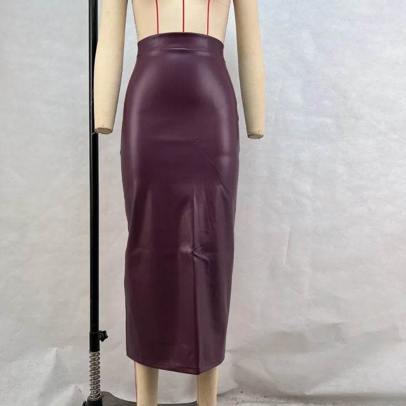Women's Burgundy PU Slit Skirt - P12 Hub Europe