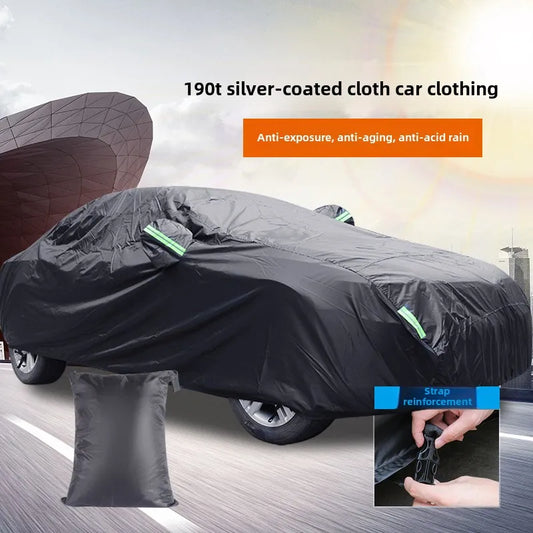 Black Silver Coated Rainproof Sunscreen Reflective Strip Outdoor Sunshade Dust Proof Protection Hatchback Sedan SUV Car Cover