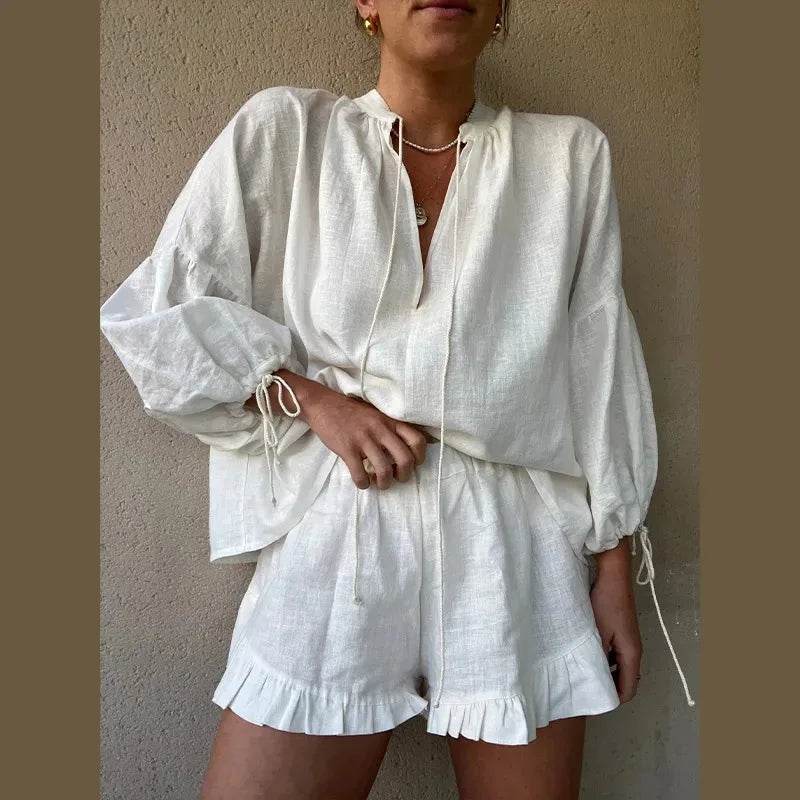 Linen Ruffle Shorts Beach Outfit - P12 Hub Europe