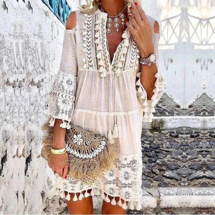 Embroidered Crochet Lace Boho Dress Off Shoulder Ruffle - P12 Hub Europe