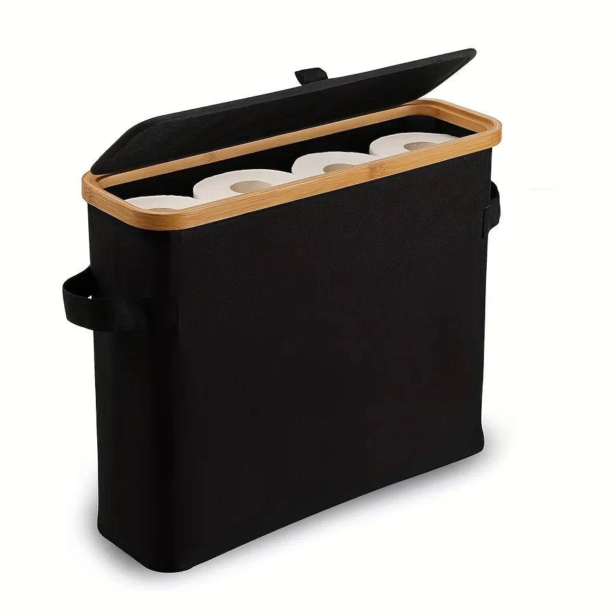Bamboo toilet paper holder with lid - Self-contained bathroom organizer with handle, enclosed tissue storage box - P12 Hub Europe