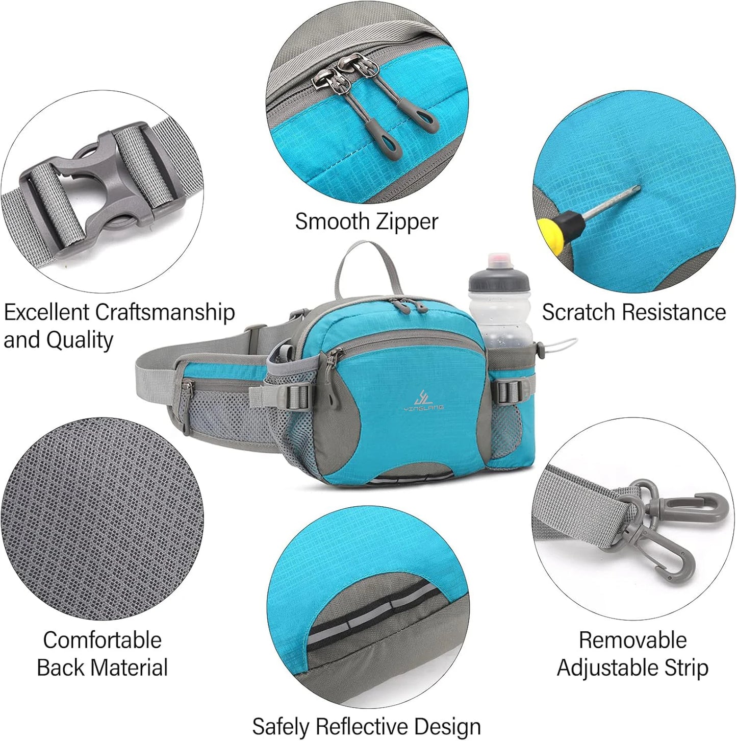 Nylon Waterproof Waist Bag with Bottle Holder Shoulder Crossbody Bag Outdoor Sports Hiking Running Cycling Bag for Man Women