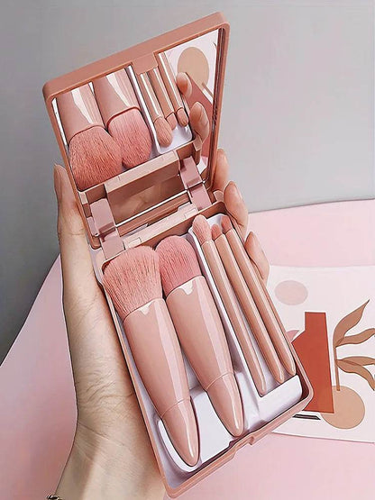 5Pcs Portable Makeup Brush Set Mirror Foldable Travel -
