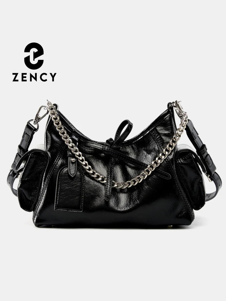 Zency Fashion Sliver Chain Handbag Soft Leather Top-handle Bag For Women Novel String Closure Bag Black Beige Crossbody
