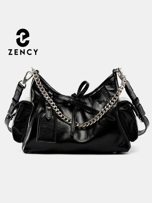 Zency Fashion Sliver Chain Handbag Soft Leather Top-handle Bag For Women Novel String Closure Bag Black Beige Crossbody