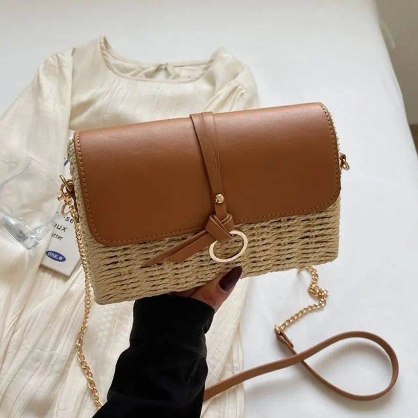 Spring Trendy Small Knitting Square Handbag Women's Casual Fashion Simple Chain Crossbody Bag PU Leather Flip Cover Beach Bags