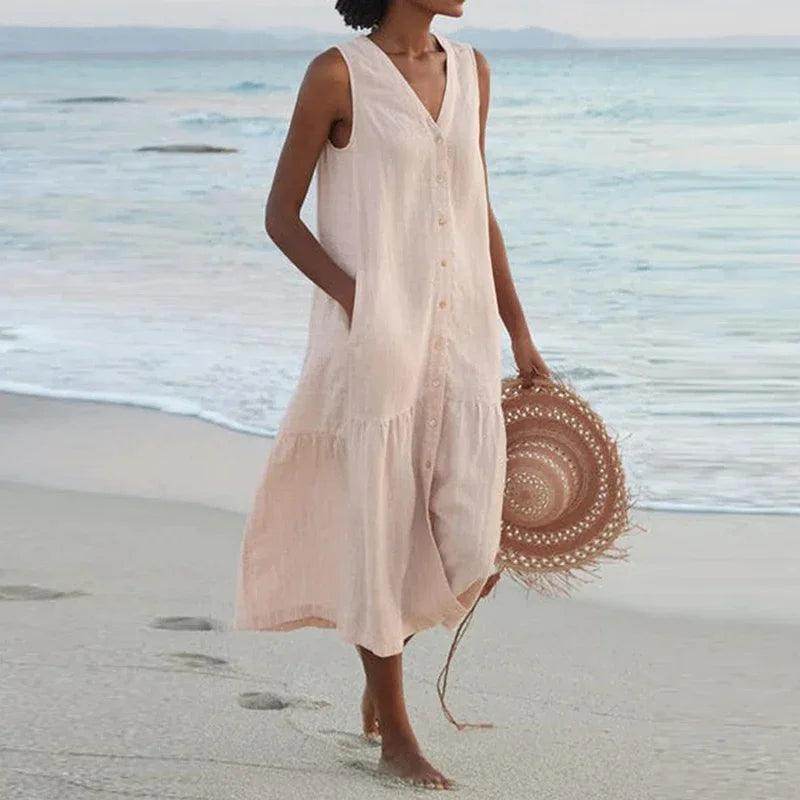 Loose Patchwork Cotton Midi Dress Sleeveless V-Neck Beach - P12 Hub Europe