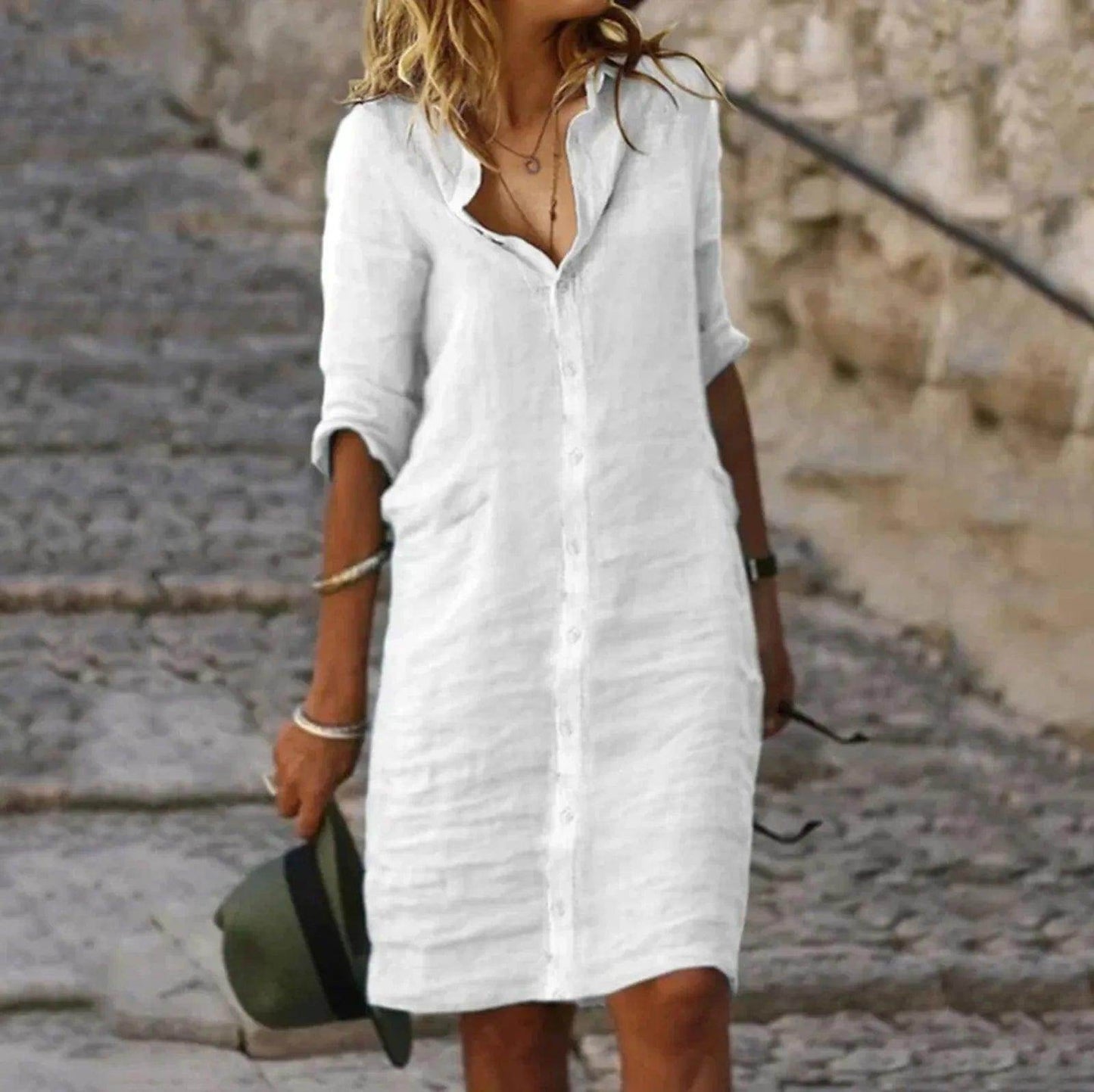 Cotton Linen Button Shirt Dress Casual V-Neck Pockets - P12 Hub Europe