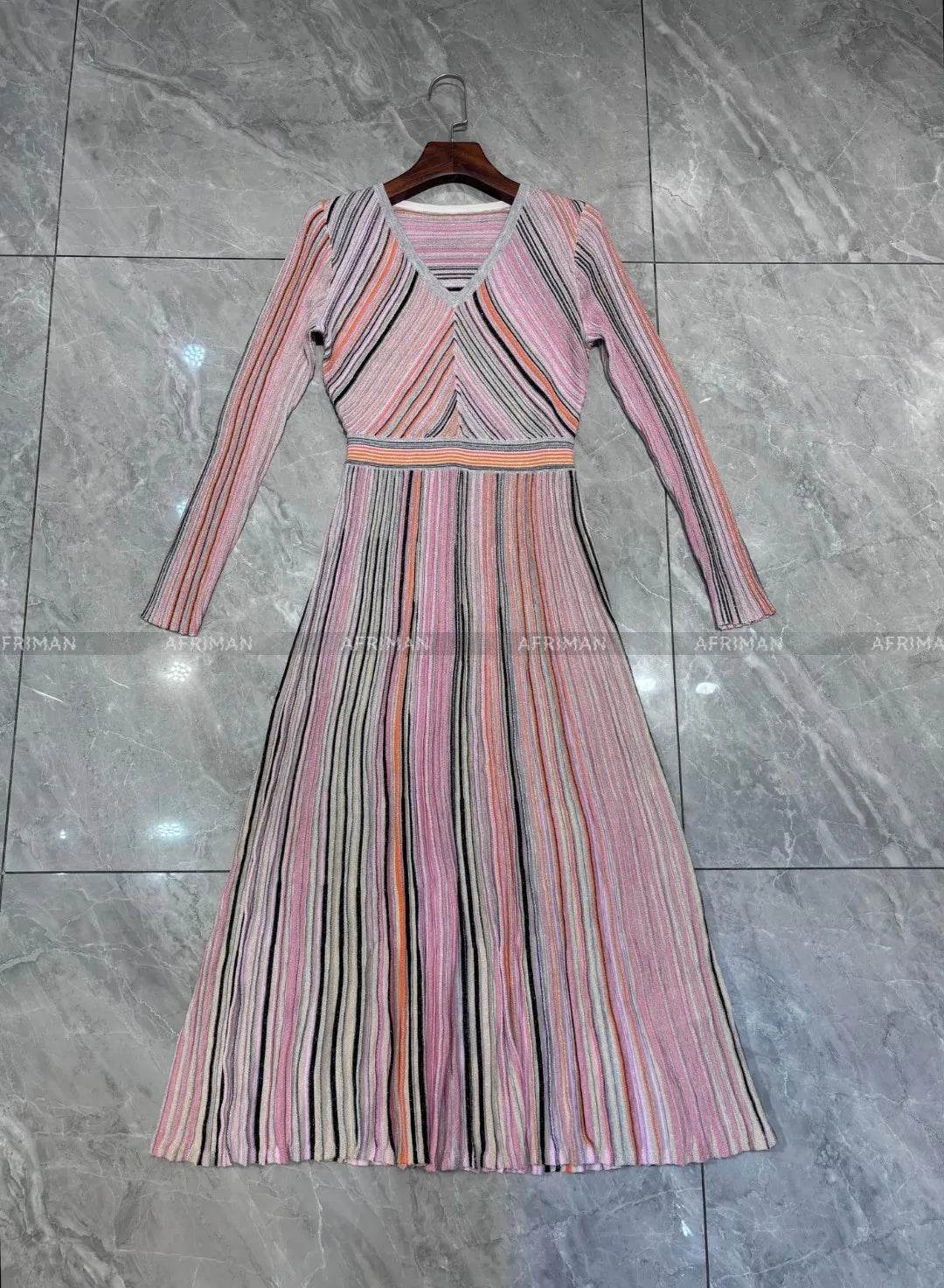 V-Neck Knit Dress - Silk Color Mosaic & Stripe Waist - P12 Hub Europe