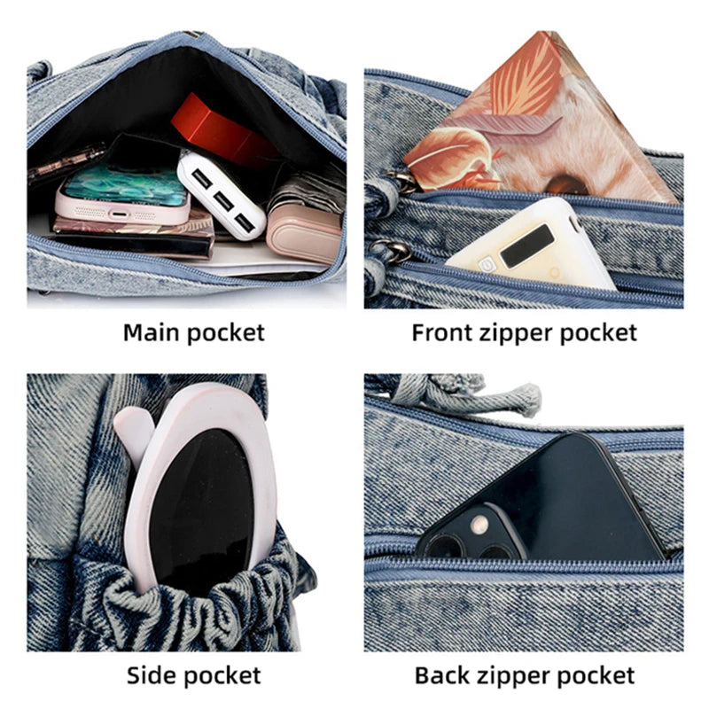 Women Retro Travel Sling Shoulder Bag Casual Washed Denim Commuting Crossbody Bag Female Shopping Tote Handbags Large Day Pack