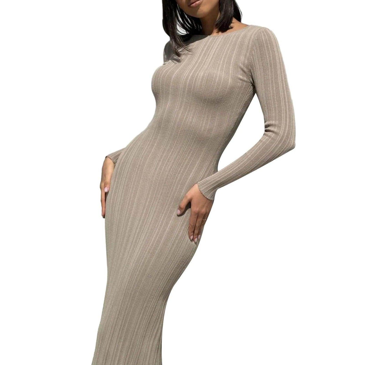 Solid Knit Long Dress Crew Neck Ribbed Slim Fit - P12 Hub Europe
