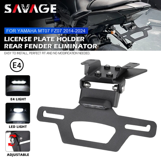 MT07 Foldable License Plate Holder For YAMAHA MT-07 FZ-07 2014-2024 Motorcycle Tail Tidy Frame Rear Fender Eliminator LED Light