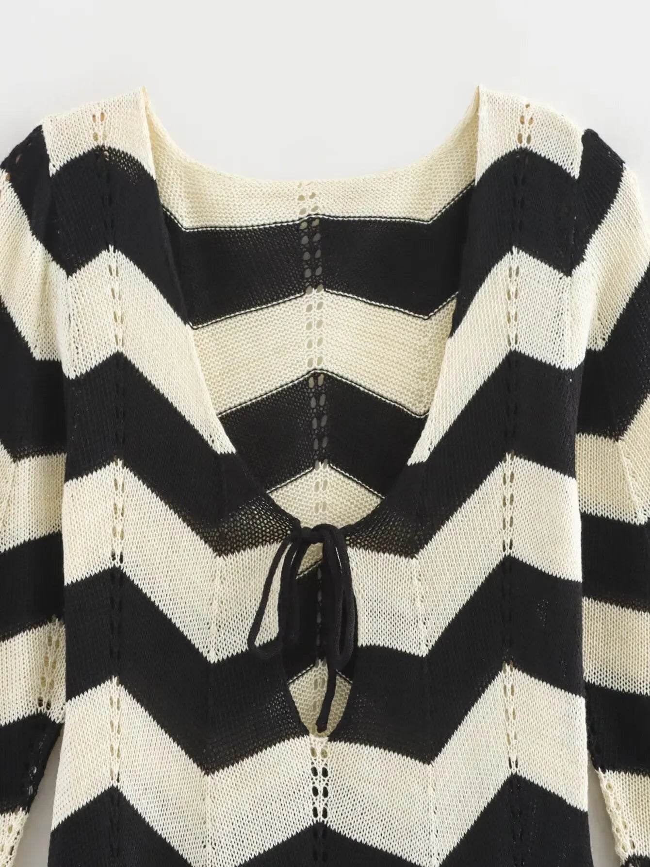 Hollow Out Lace Up Knit Dress - Contrast Stripes V-Neck - P12 Hub Europe