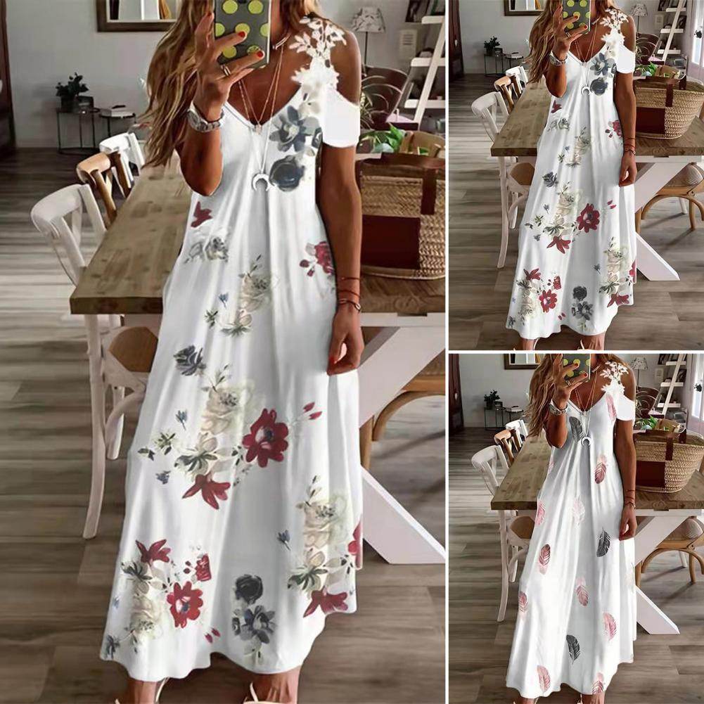Feather Print Lace Sling Maxi Dress - Loose A-Line Summer Style - P12 Hub Europe