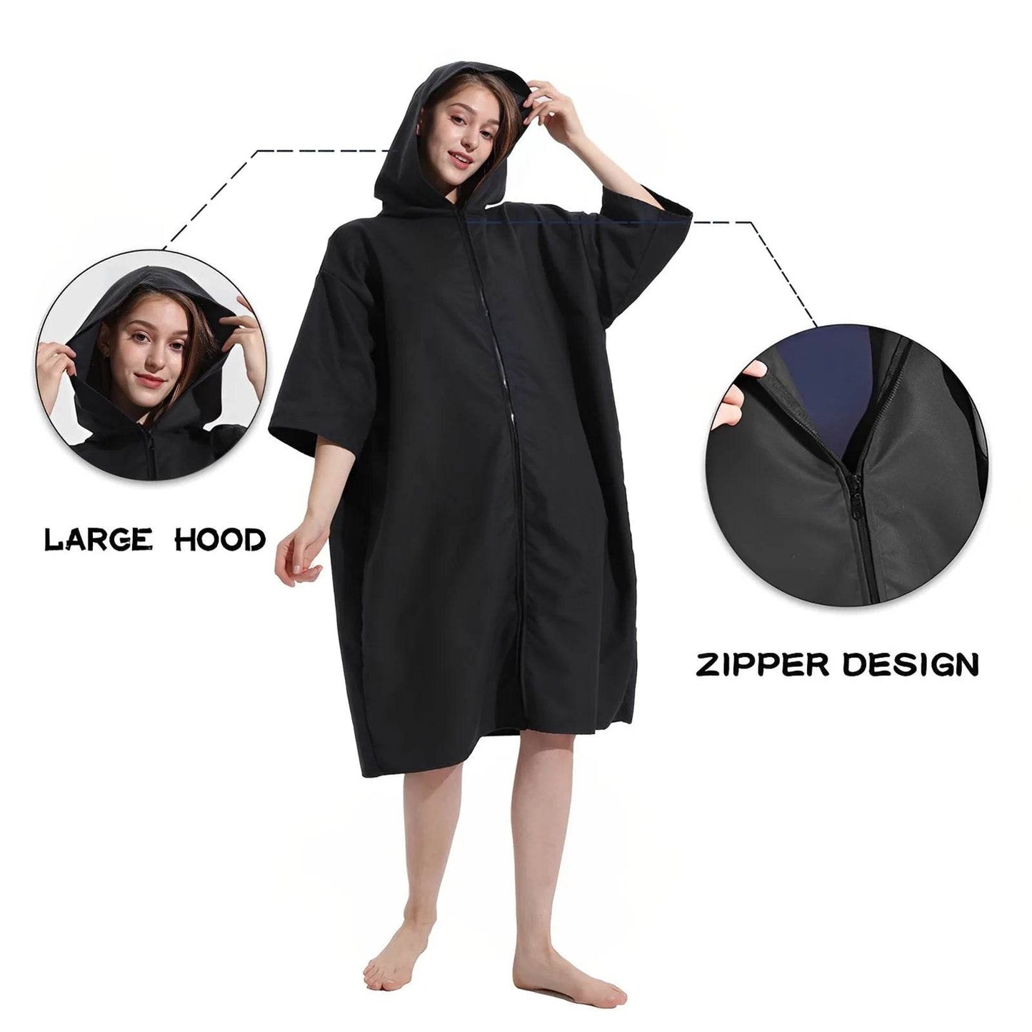 Changing Robe with Hood Microfiber Towel Poncho with Zipper Short Sleeve Surf Poncho Quick Dry Oversized Changing Towel Robe New - P12 Hub Europe