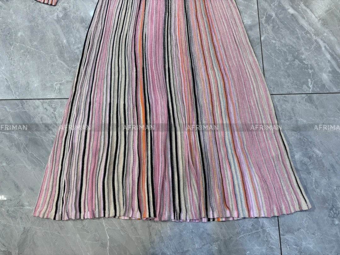 V-Neck Knit Dress - Silk Color Mosaic & Stripe Waist - P12 Hub Europe