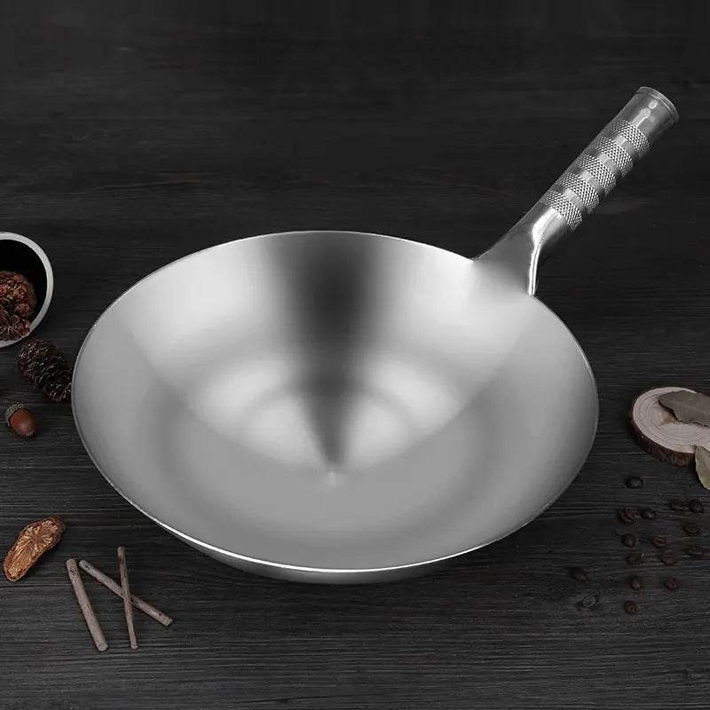 Household frying pan Portable Single handle Uncoated thickened frying pan 34cm Stainless Steel Round bottom No Rust Wok for Gas - P12 Hub Europe