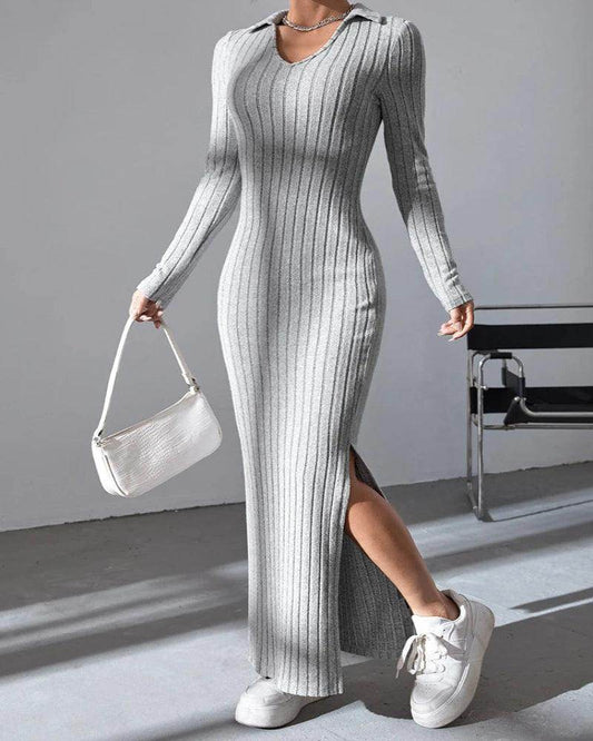 Knit V-Neck Long Dress Reverse Split Bodycon - P12 Hub Europe