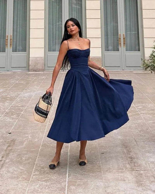 Elegant Spaghetti Strap A-Line Midi Dress Slim Party Holiday - P12 Hub Europe