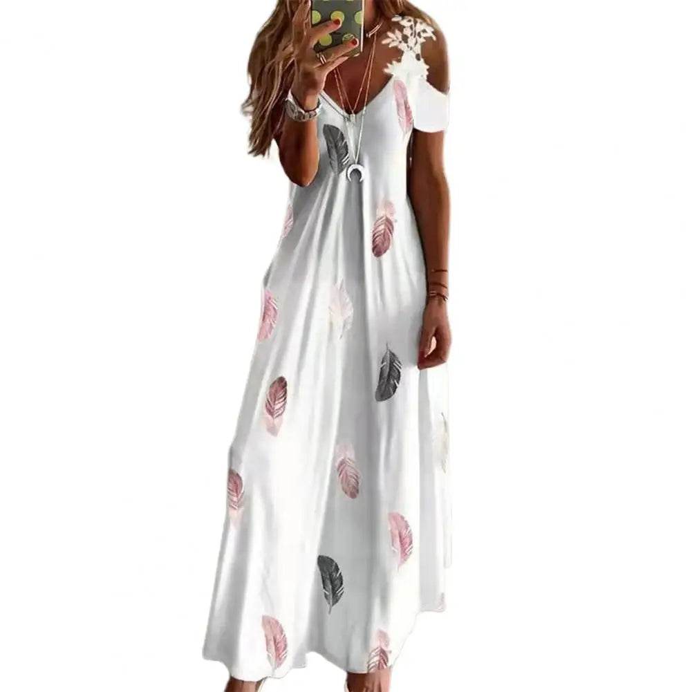 Feather Print Lace Sling Maxi Dress - Loose A-Line Summer Style - P12 Hub Europe