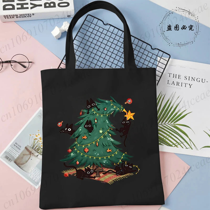 Black Cats Christmas Printed Shopping Bag Cartoon Canvas Tote Bag Eco Bag for Women Black Cats Christmas Reusable Tote Handbags