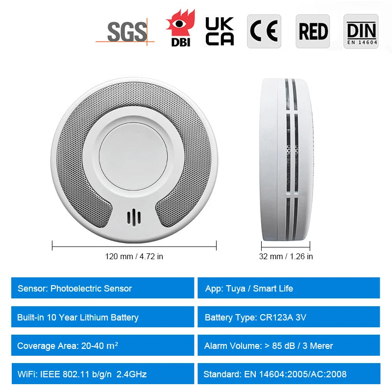 WiFi Tuya Smart Smoke Detector With Built-in 10 Year Lithium Battery For Parlor Room Kitchen Shop Fire Inspection Alarm Sensor