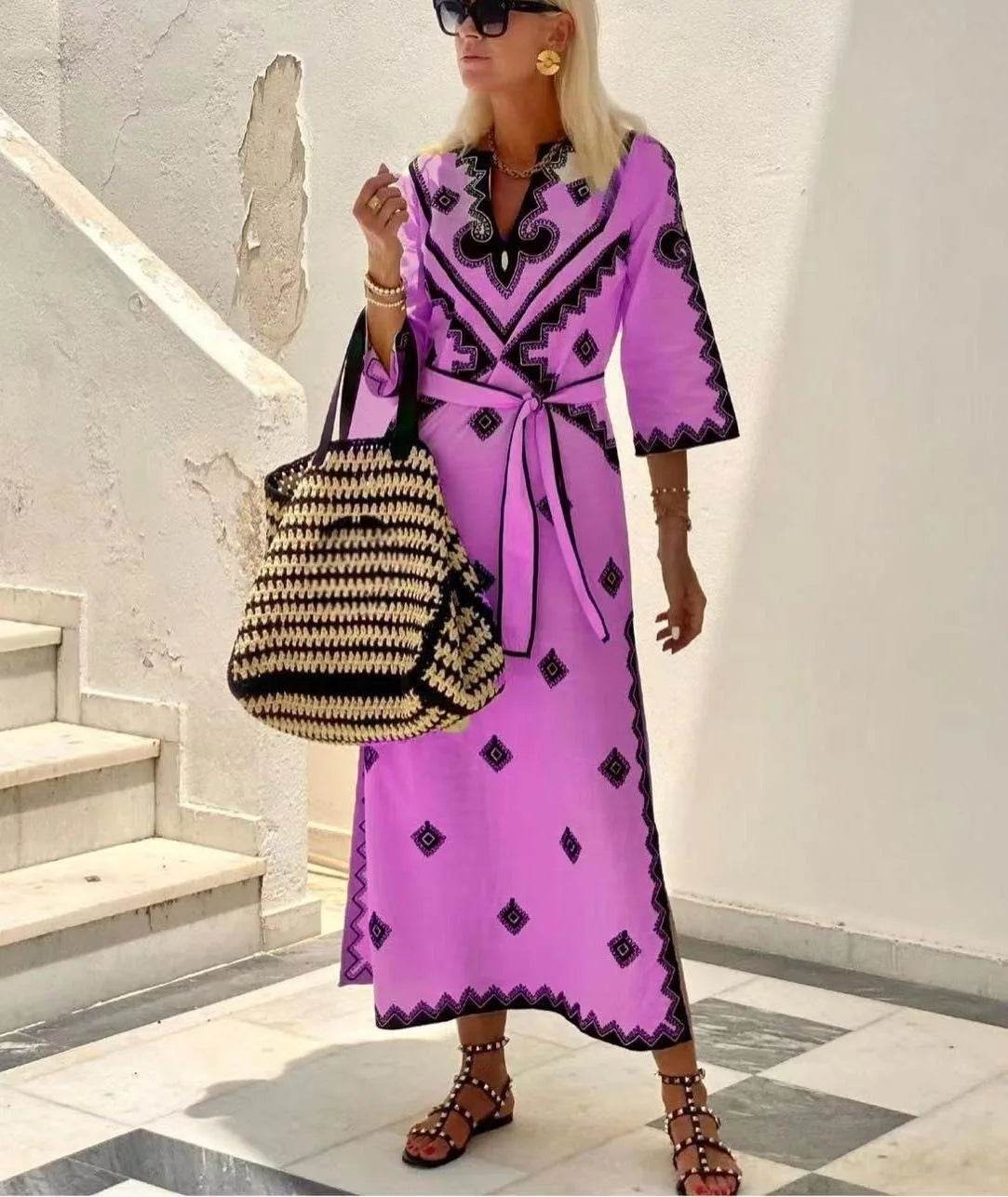Bohemian V-Neck A-Line Dress 5/4 Sleeve - P12 Hub Europe