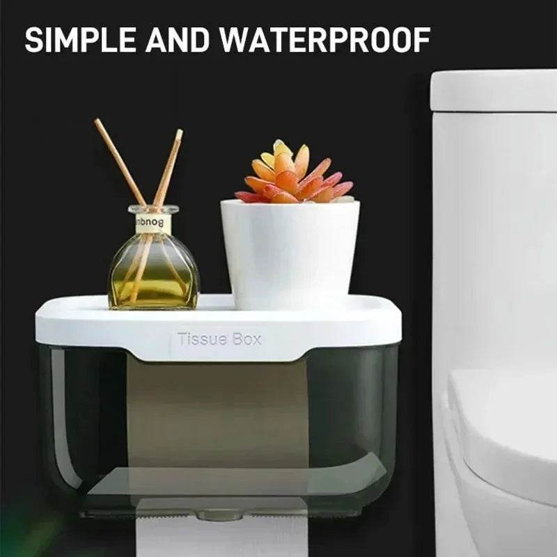Wall Mounted Toilet Paper Holder Waterproof Tissue Box with Shelf Bathroom Organizer Kitchen Multi Purpose Storage Dispenser - P12 Hub Europe