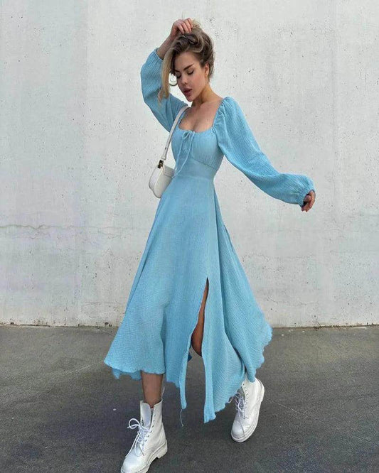 Lace-Up Square Collar Midi Dress Lantern Sleeve Sexy Slit - P12 Hub Europe