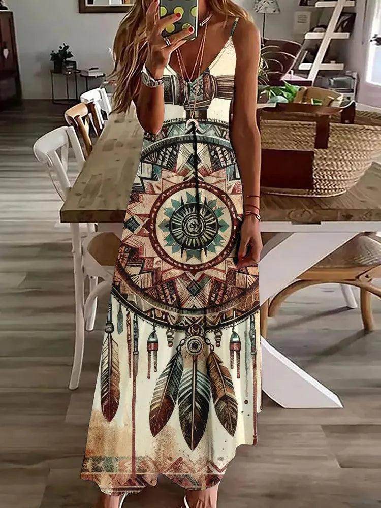3D Owl Print Boho Maxi Dress Sleeveless Tribal - P12 Hub Europe