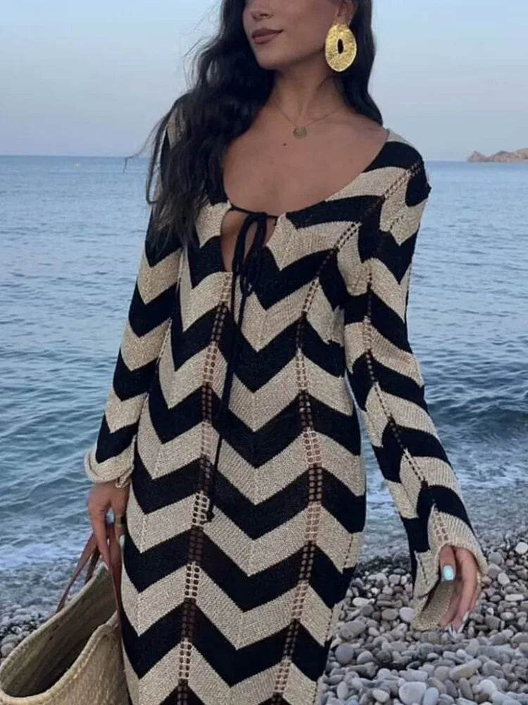 Hollow Out Lace Up Knit Dress - Contrast Stripes V-Neck - P12 Hub Europe