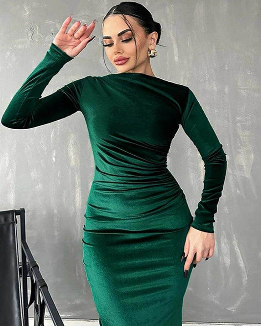Velvet Long Sleeve Midi Dress Ruched Green - P12 Hub Europe