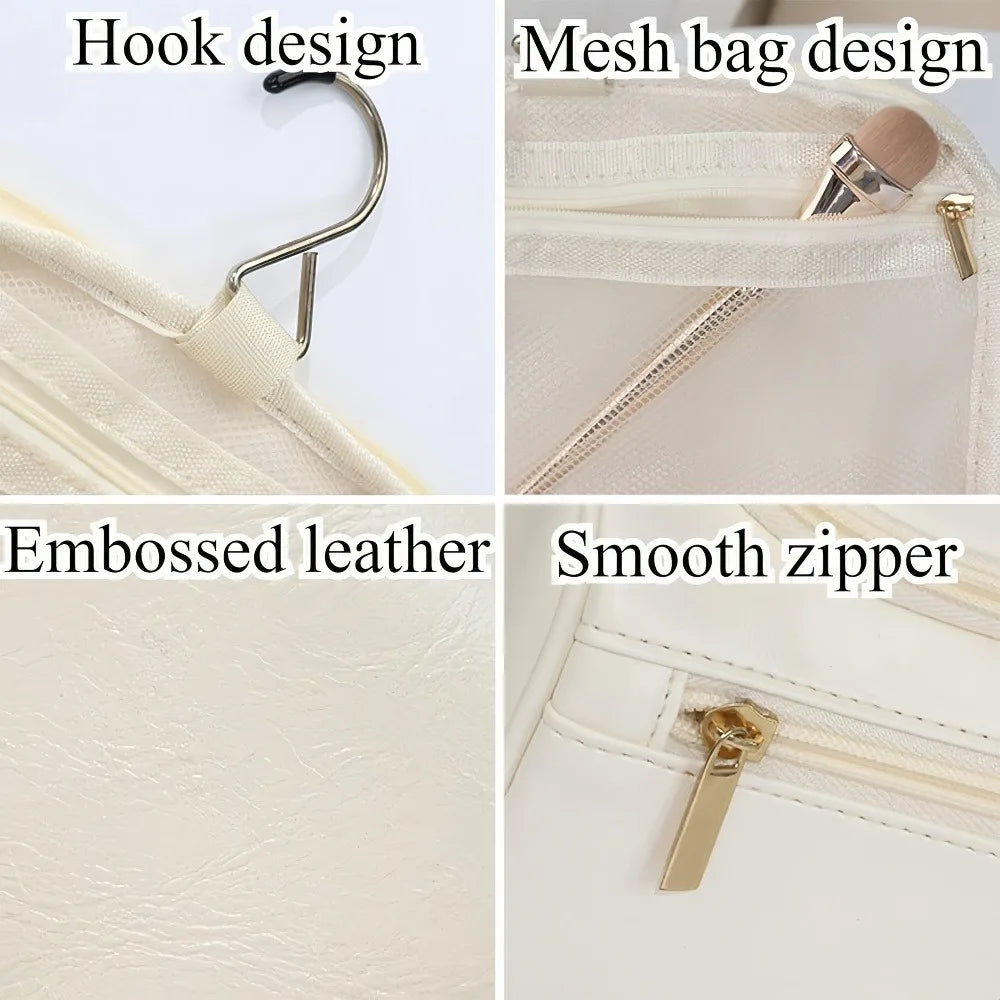 Stylish Embossed Leather Travel Cosmetic Organizer - Hook Design, Roomy Interior for Toiletries and Makeup zwq