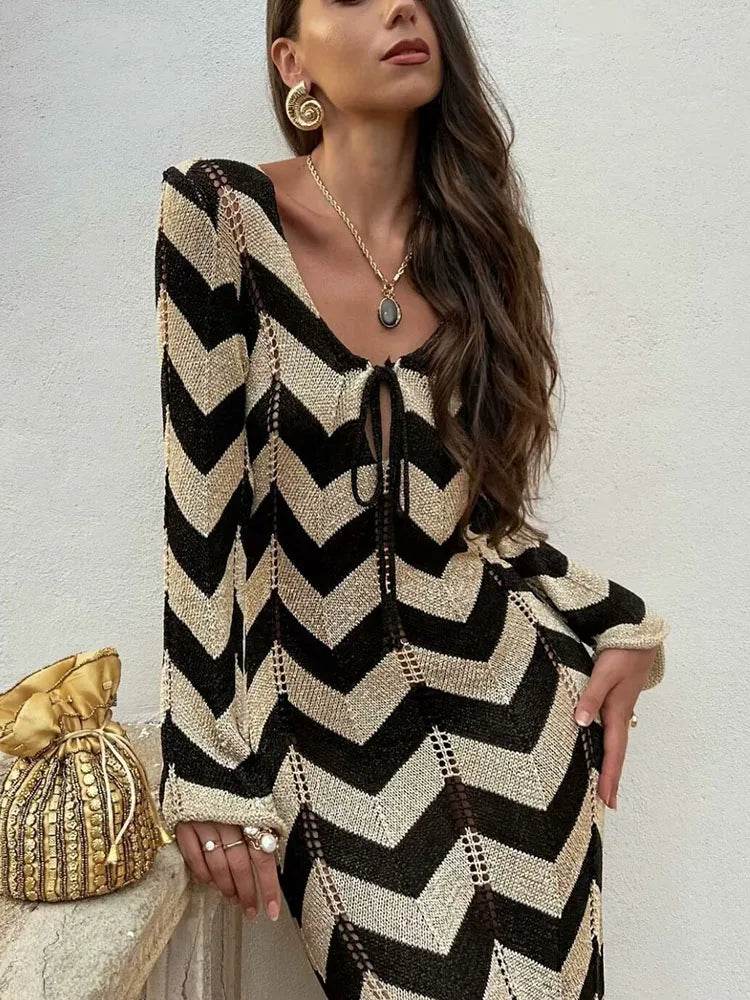 Hollow Out Lace Up Knit Dress - Contrast Stripes V-Neck - P12 Hub Europe