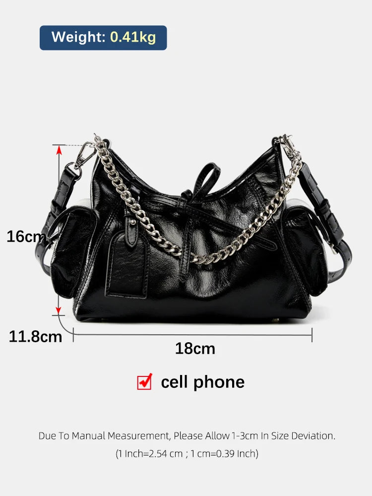 Zency Fashion Sliver Chain Handbag Soft Leather Top-handle Bag For Women Novel String Closure Bag Black Beige Crossbody