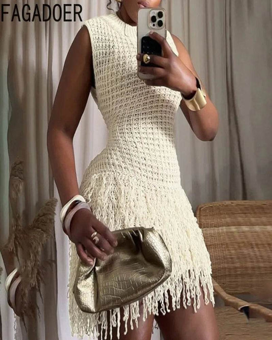 Tassel Hollow Out Mini Dress - Slim Elegant - P12 Hub Europe