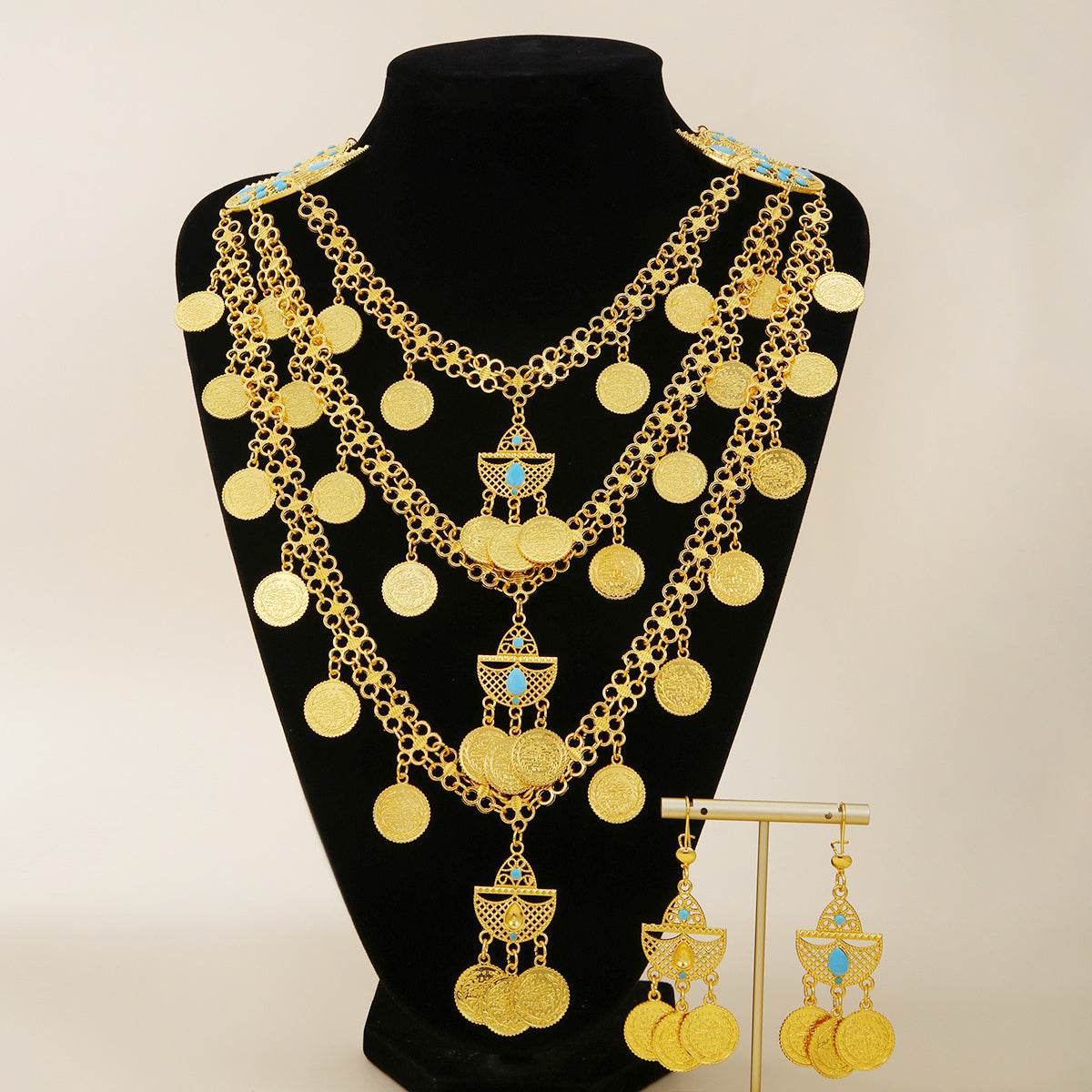 1set Fashion Retro 18k Gold Tassel Necklace Earrings Coin Middle East Set Multi-layer Set, Suitable For Holiday Gifts, Gatherings And Weddings To Wear - P12 Hub Europe