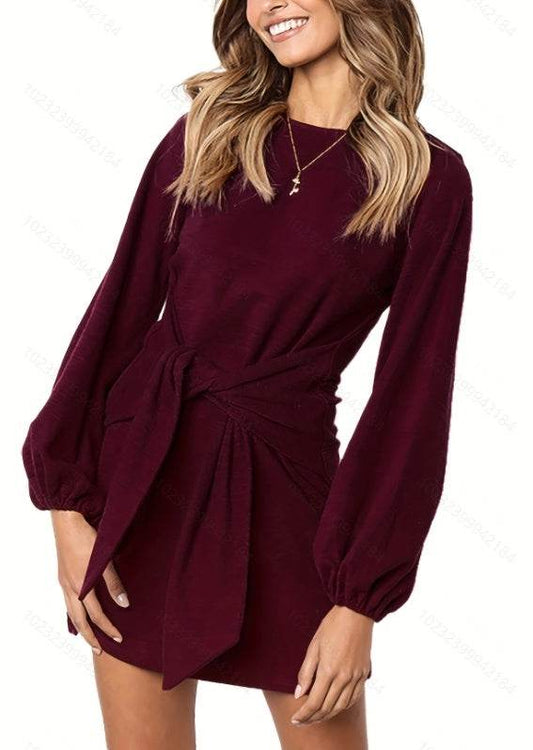 Solid Tie Waist Crew Neck Dress, Elegant Slim Lantern Sleeve Dress For Spring & Fall, Women's Clothing - P12 Hub Europe