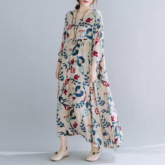 Plus Size Loose Panel Cotton Linen Print Short Sleeve Dress - P12 Hub Europe